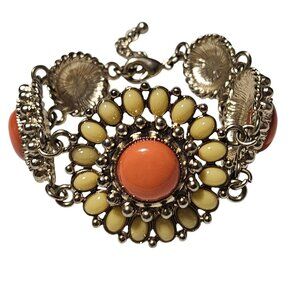 Vintage Gold Tone Statement Bracelet Orange Yellow Cabochon Accent Retro 60s 70s
